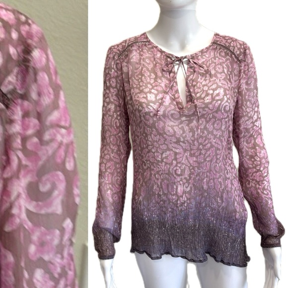 Lucky Brand Sheer Crinkled Print Peasant Tunic Top Size M Split Neck Long Sleeve - Picture 1 of 13